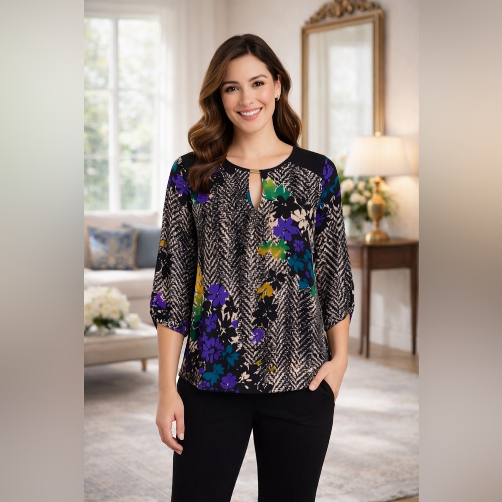 Dana Buchman Multicolor Patterned Roll Tab Sleeve Blouse